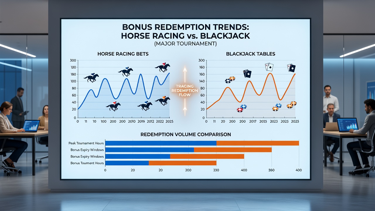 Data visualization comparing redemption volumes for horse racing and blackjack bonuses over tournament periods